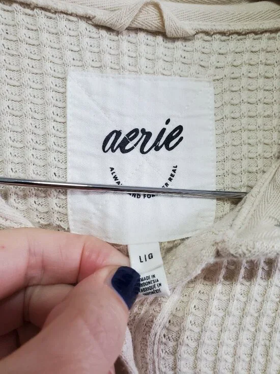 AERIE LumberJane Waffle Shirt Oversized Boxy Button Front Cream Women's Large - Picture 8 of 11